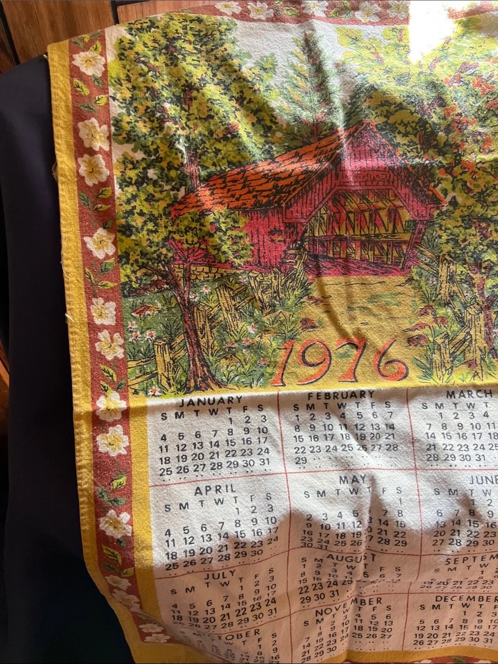 Vintage 1976 Calendar Tea Towel with Country Barn Illustration